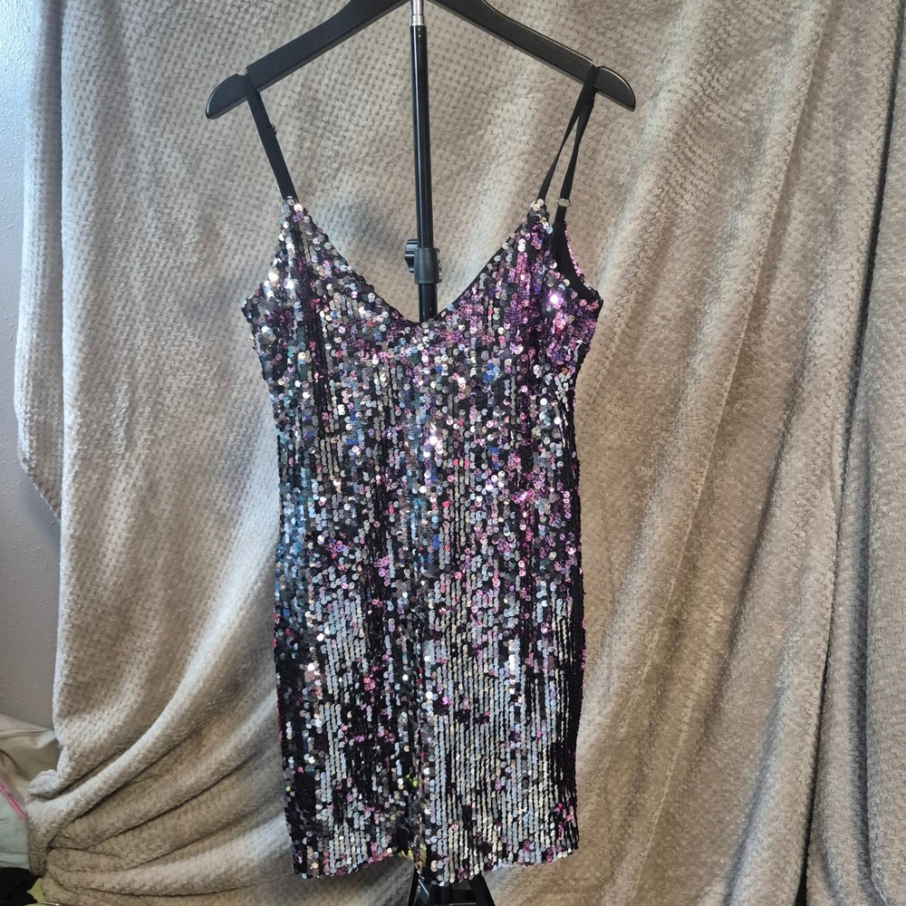 Dress The Population Cosmopolitan Sequin Mini Dress Purple Pink Silver NWT L